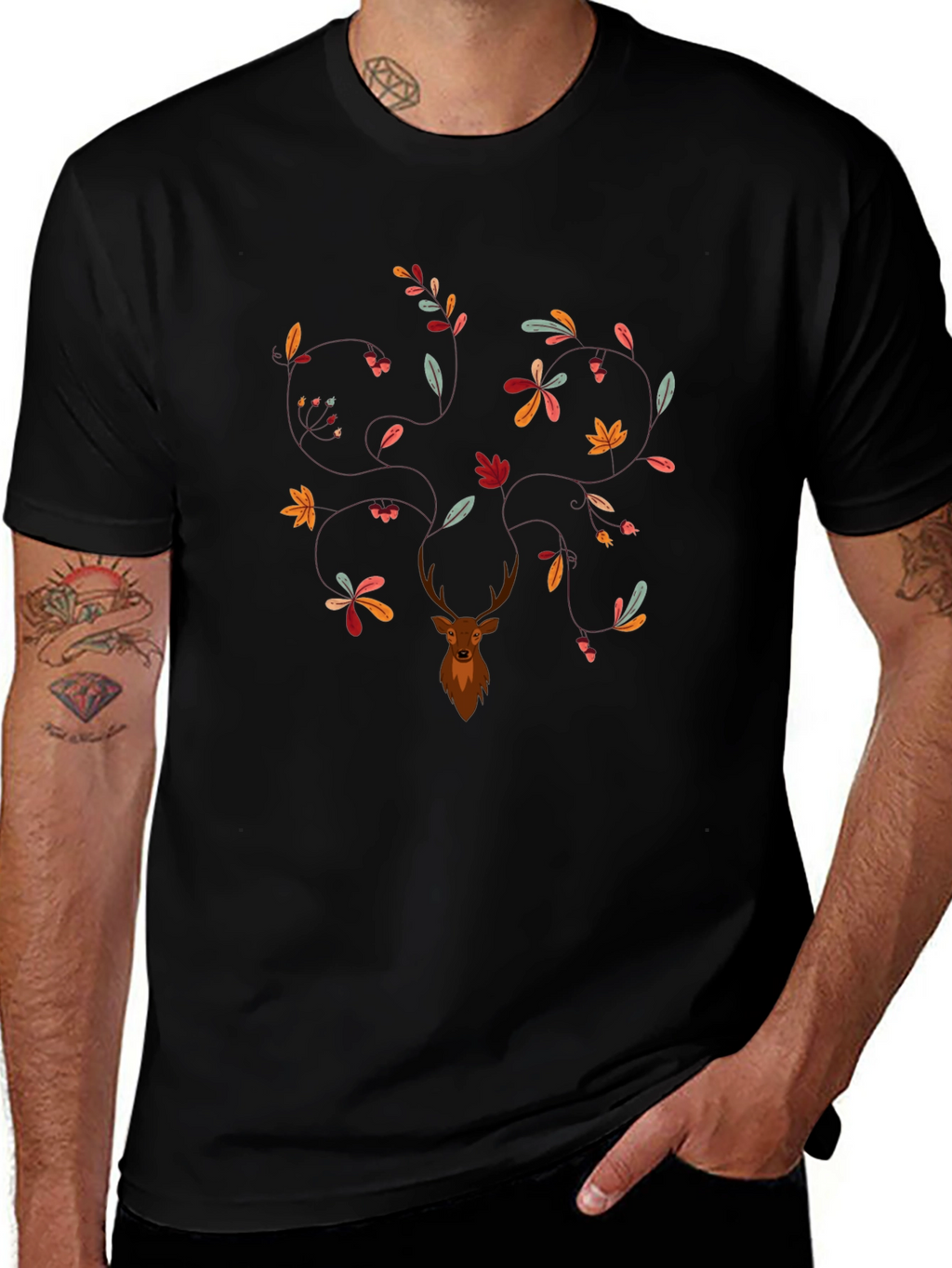 Deer & Leaves Graphic Print Black T-Shirt