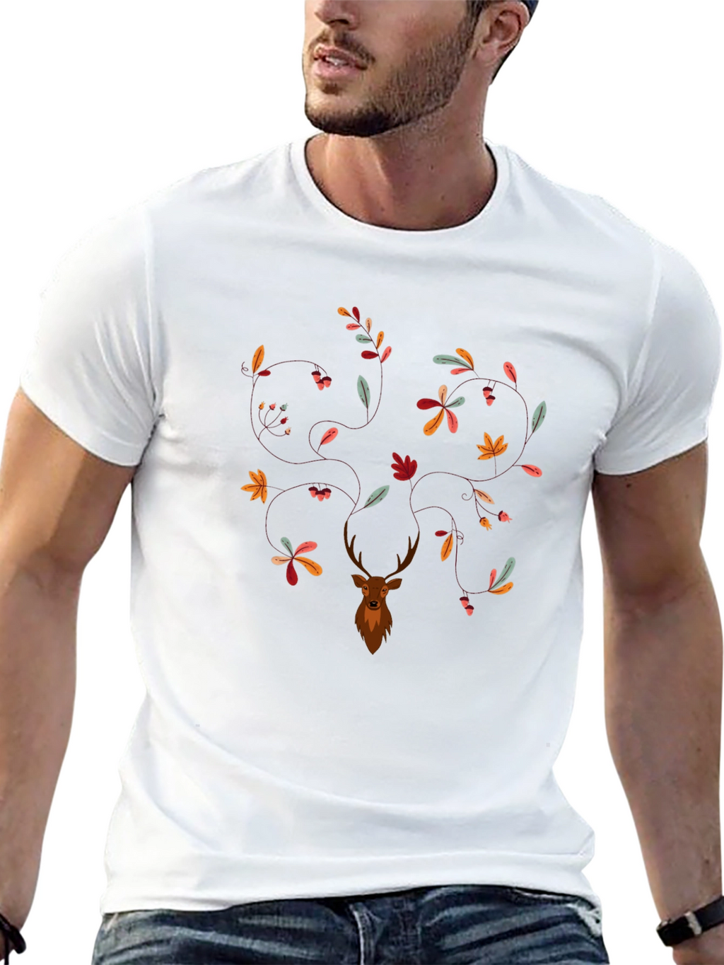 Deer & Leaves Graphic Print Black T-Shirt