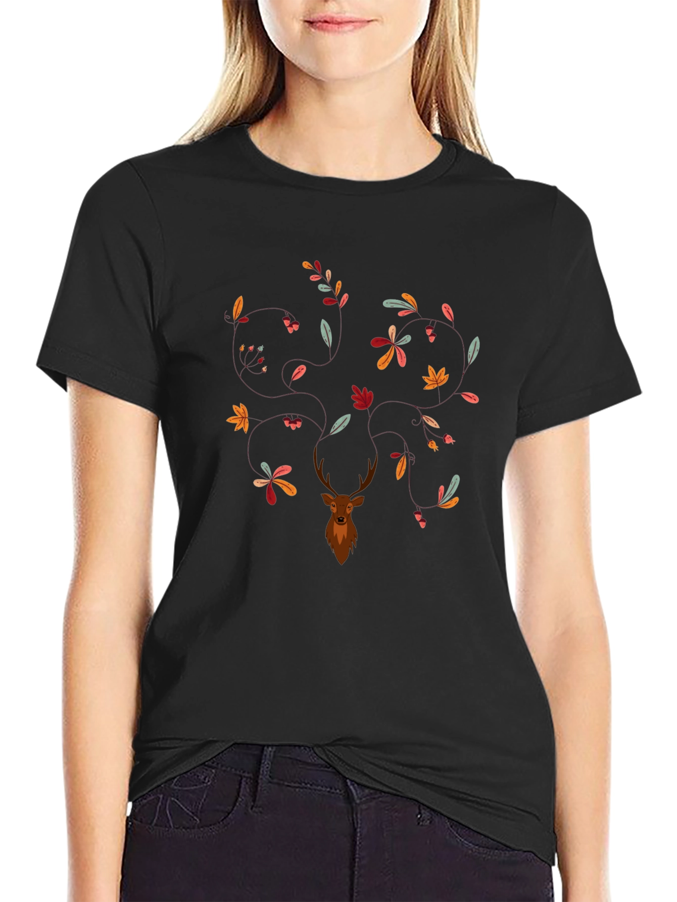 Deer & Leaves Graphic Print Black T-Shirt