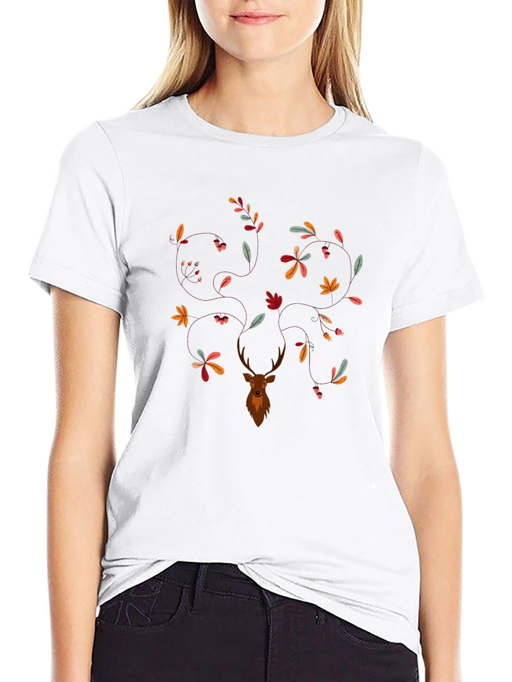 Deer & Leaves Graphic Print Black T-Shirt