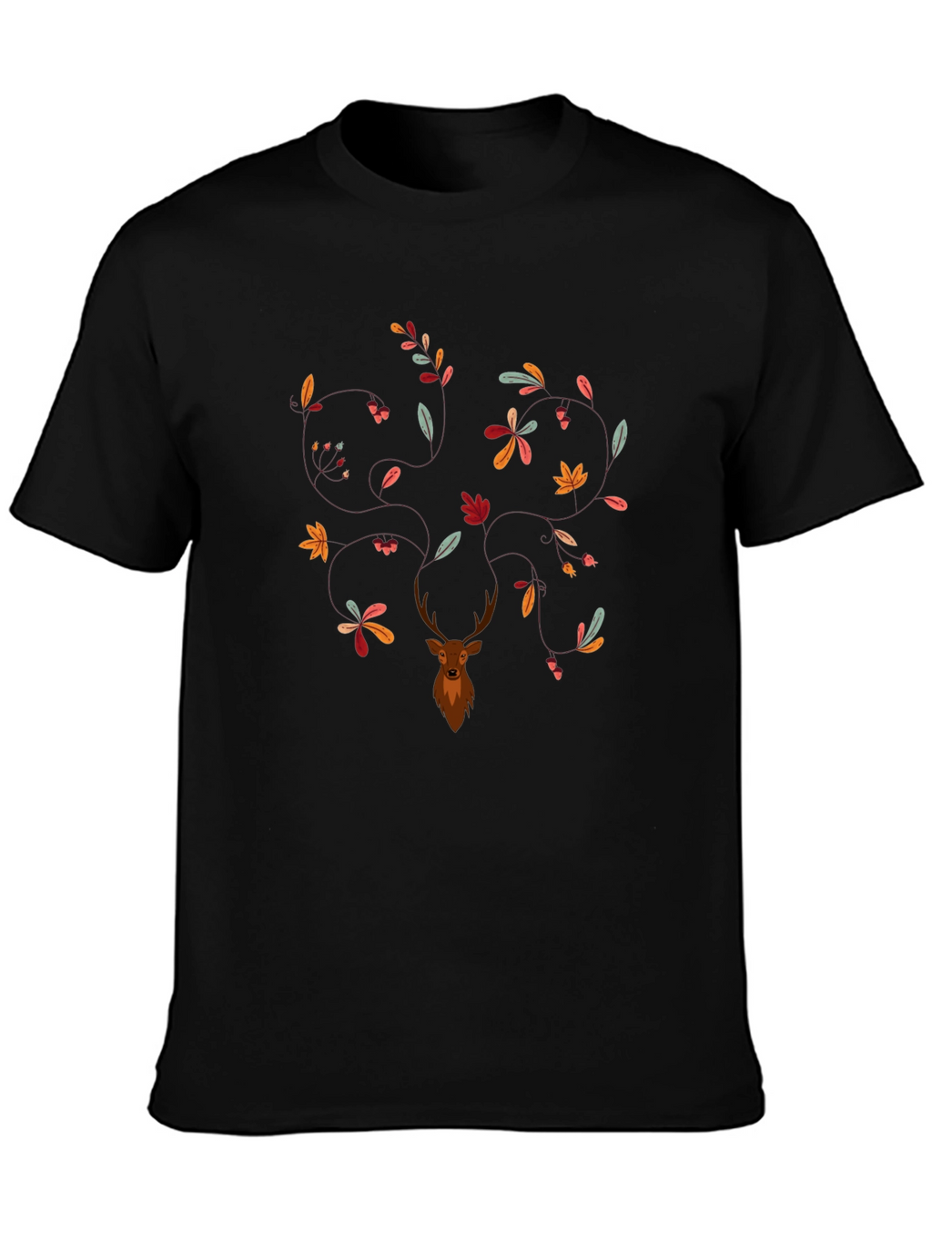 Deer & Leaves Graphic Print Black T-Shirt