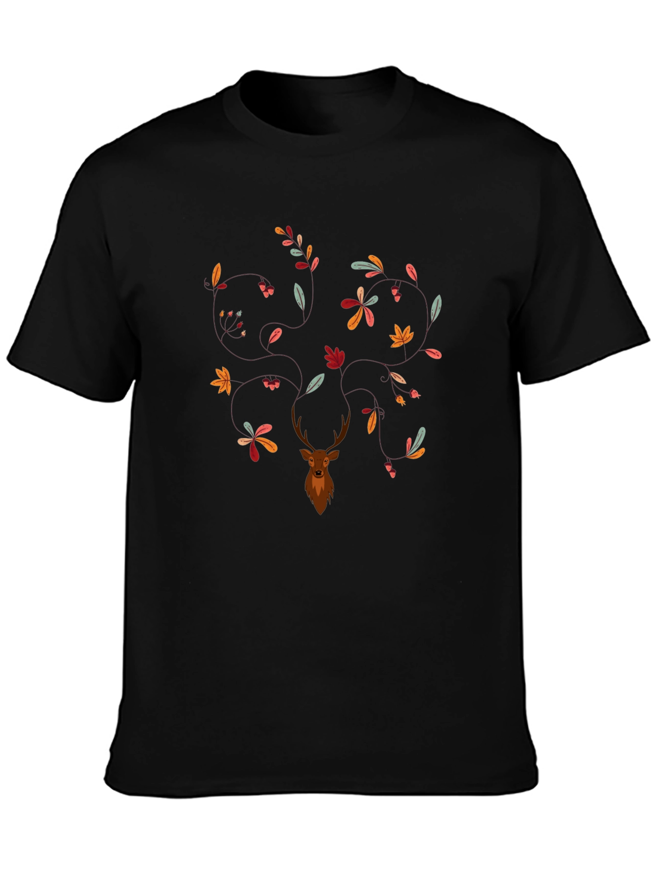 Deer & Leaves Graphic Print Black T-Shirt