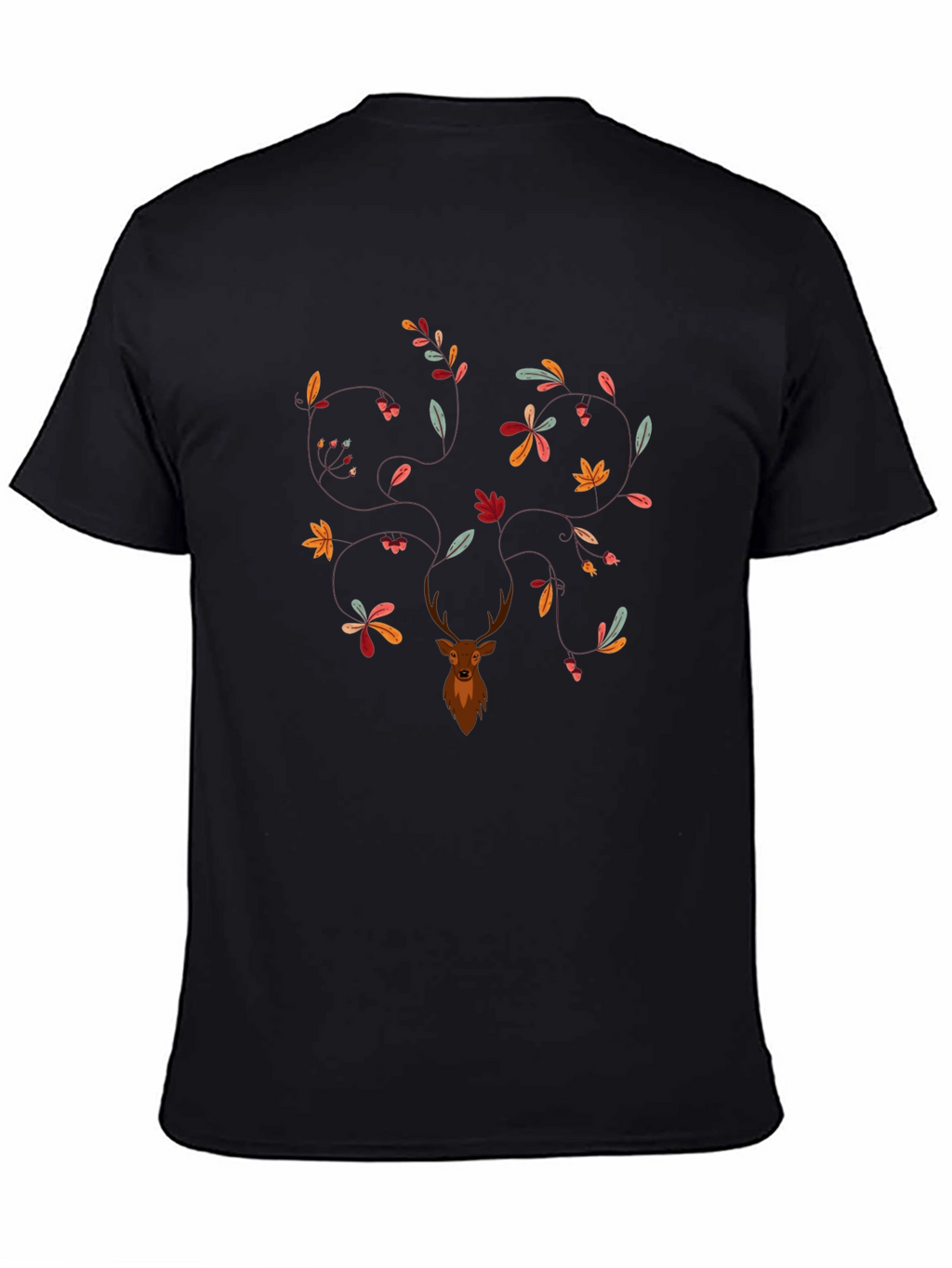 Deer & Leaves Graphic Print Black T-Shirt