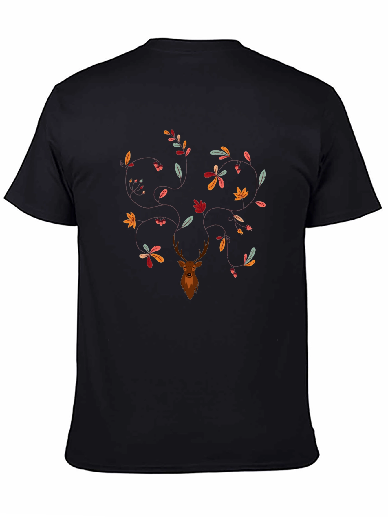 Deer & Leaves Graphic Print Black T-Shirt