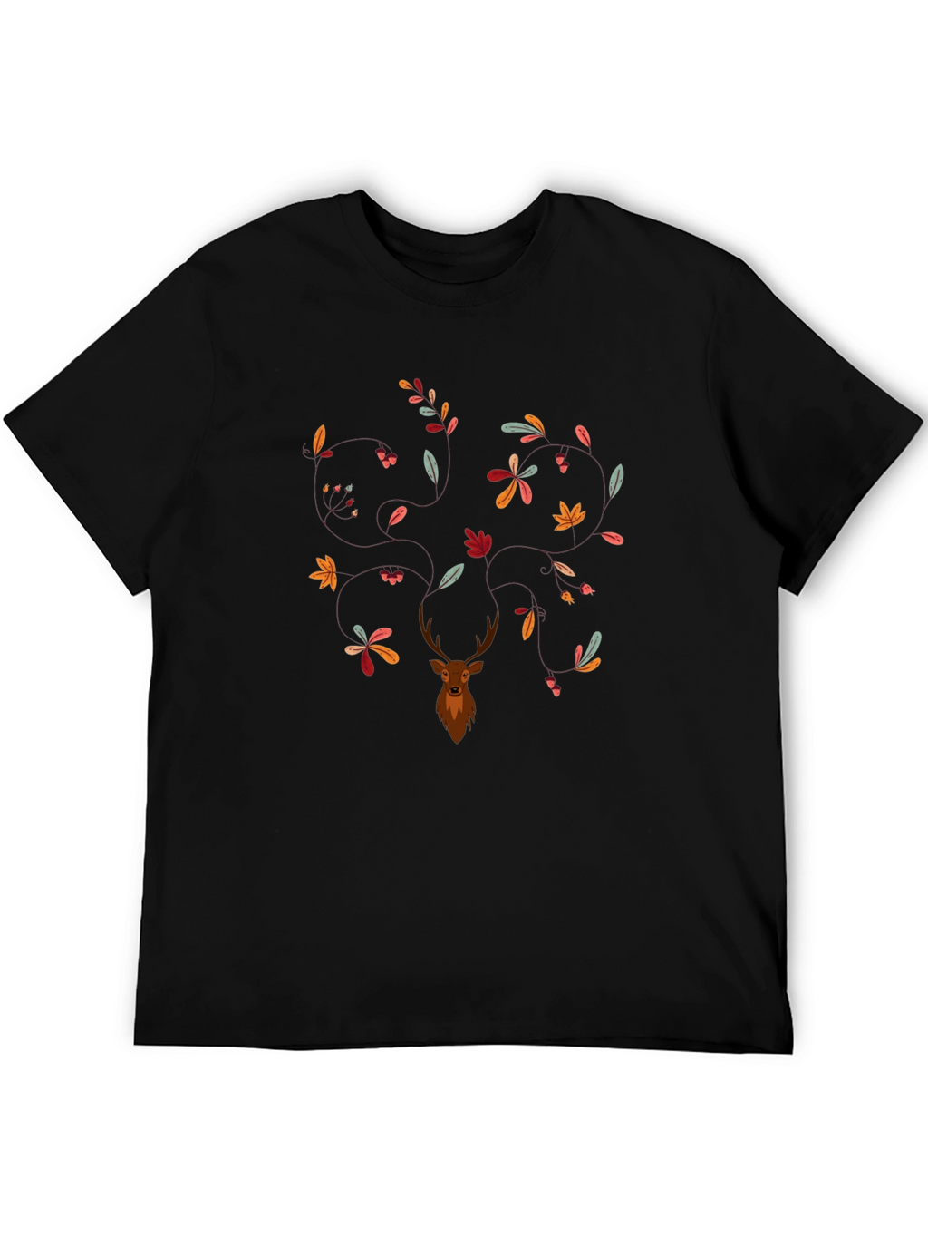 Deer & Leaves Graphic Print Black T-Shirt