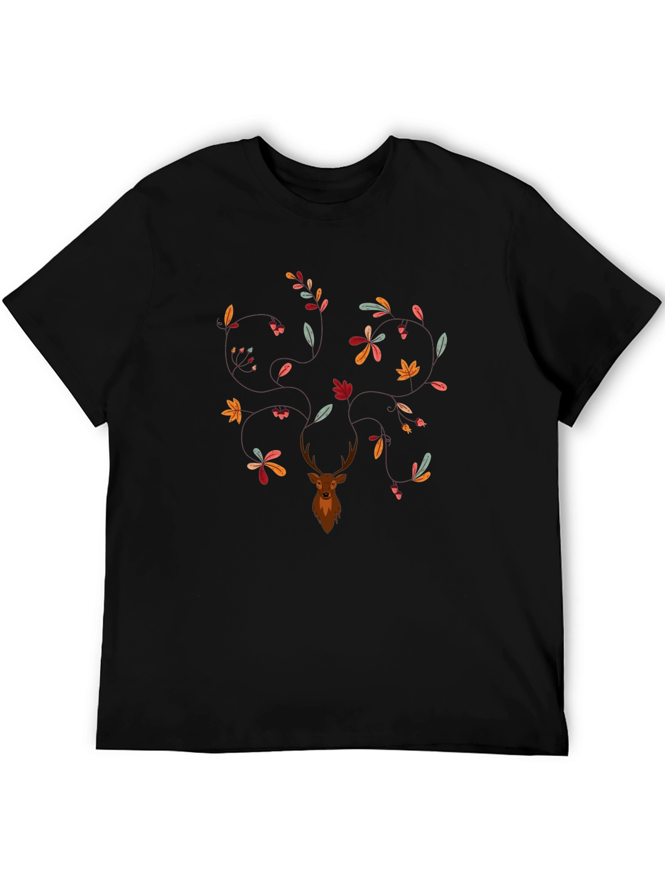 Deer & Leaves Graphic Print Black T-Shirt