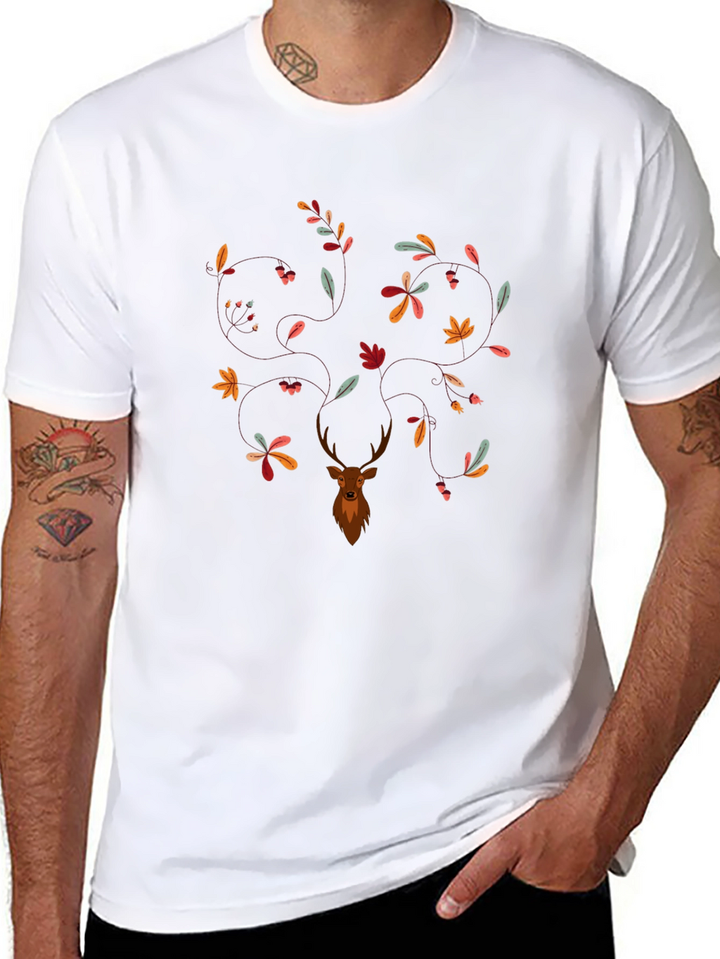 Deer & Leaves Graphic Print Black T-Shirt