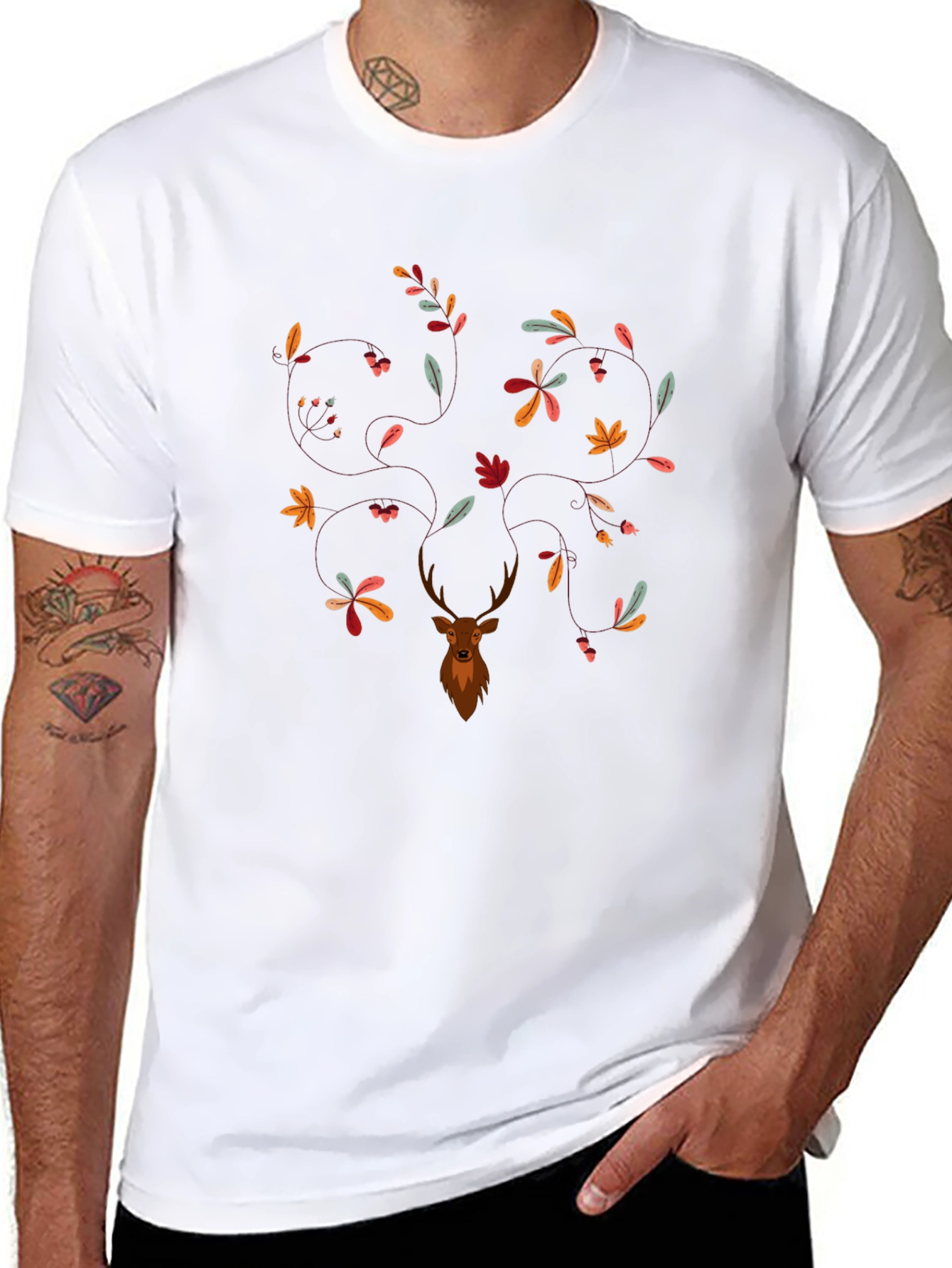 Deer & Leaves Graphic Print Black T-Shirt