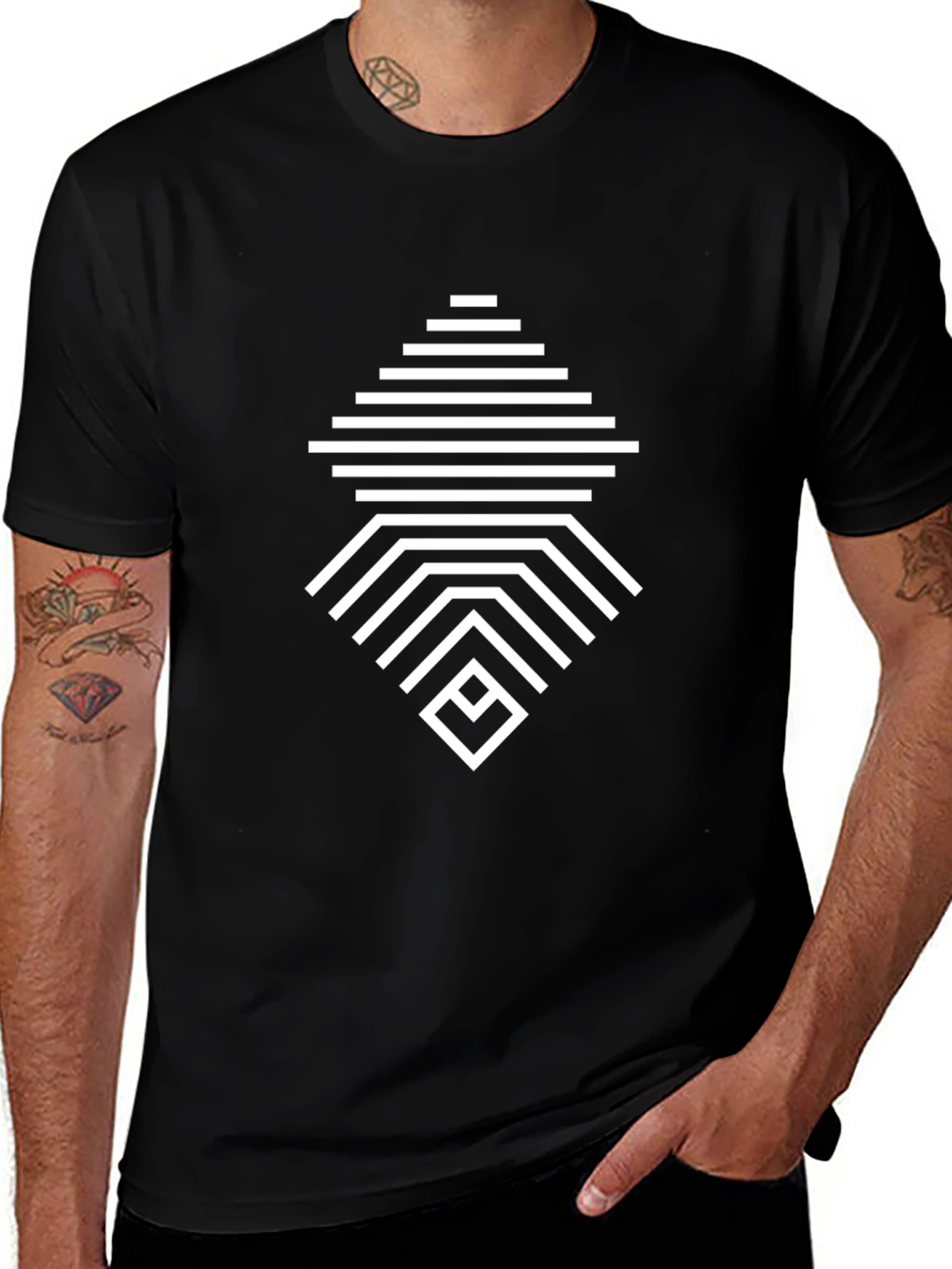Geometric Line Pattern Black T-Shirt