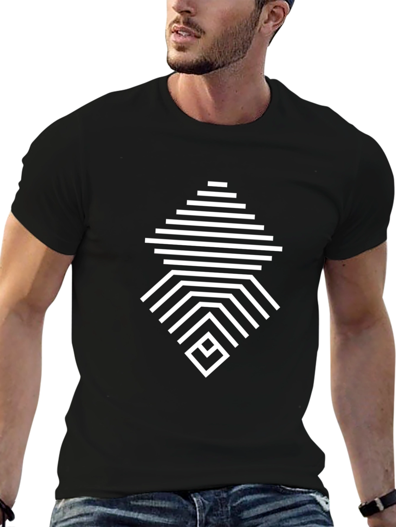 Geometric Line Pattern Black T-Shirt