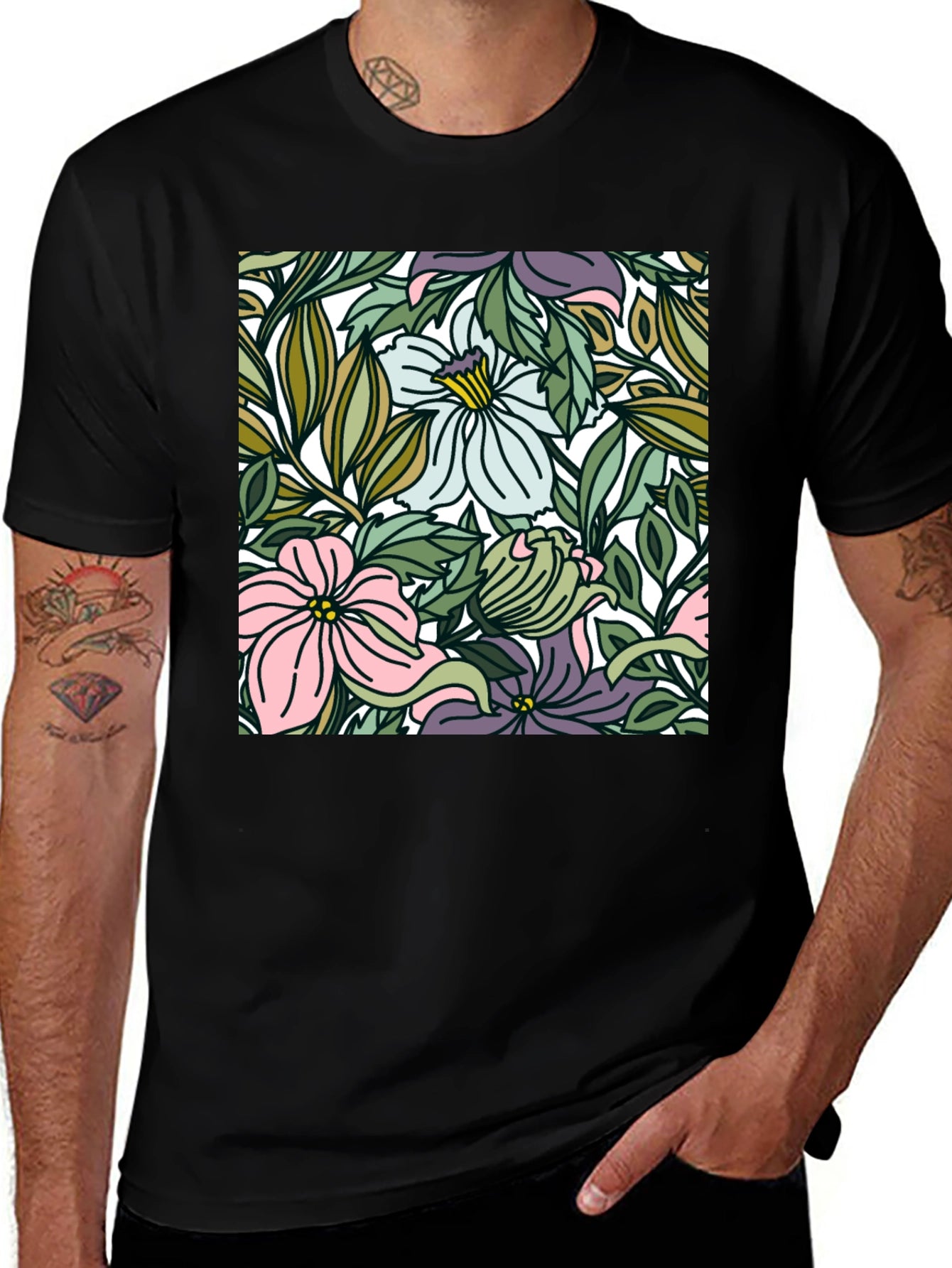 Floral Pattern Black T-Shirt