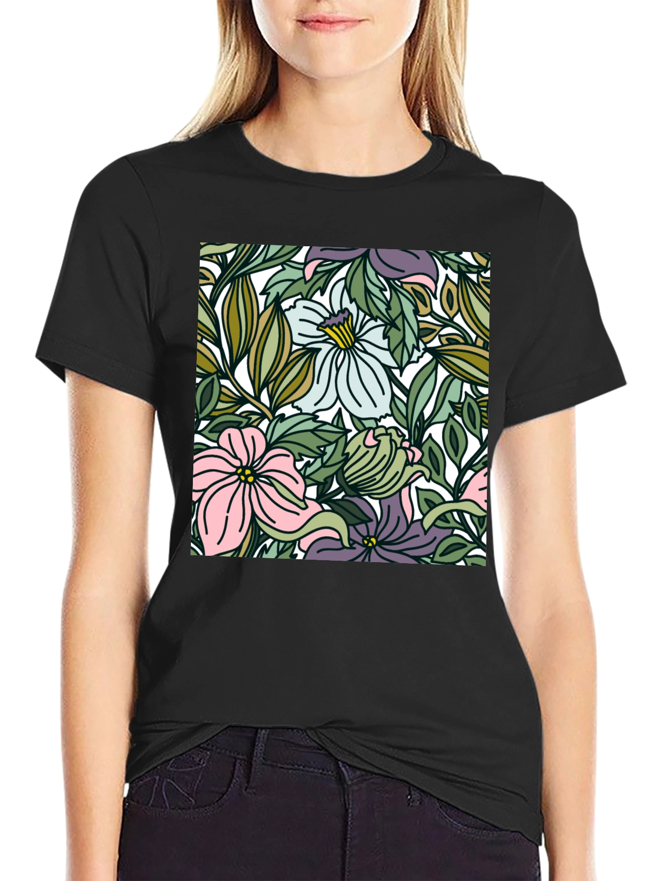 Floral Pattern Black T-Shirt