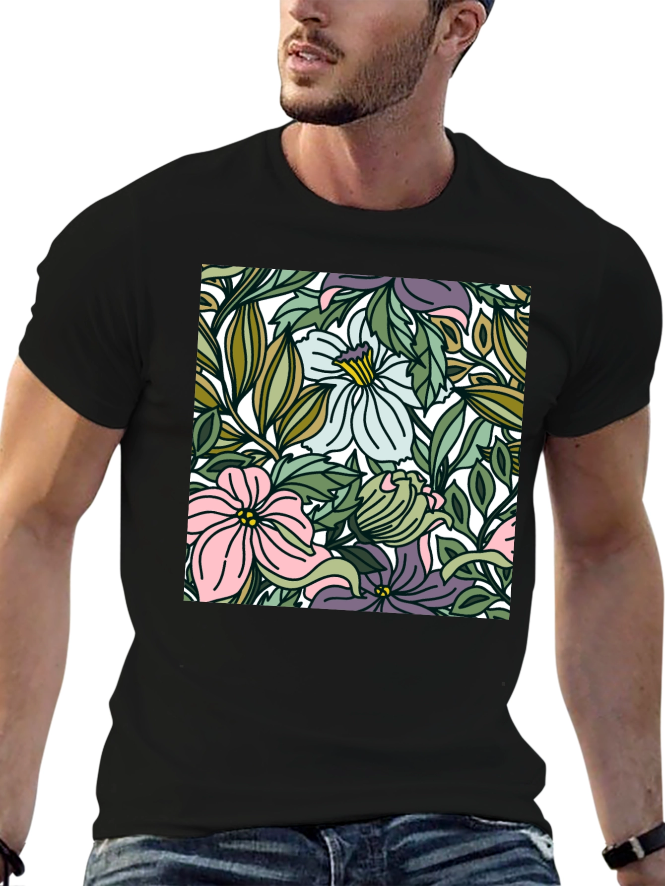 Floral Pattern Black T-Shirt