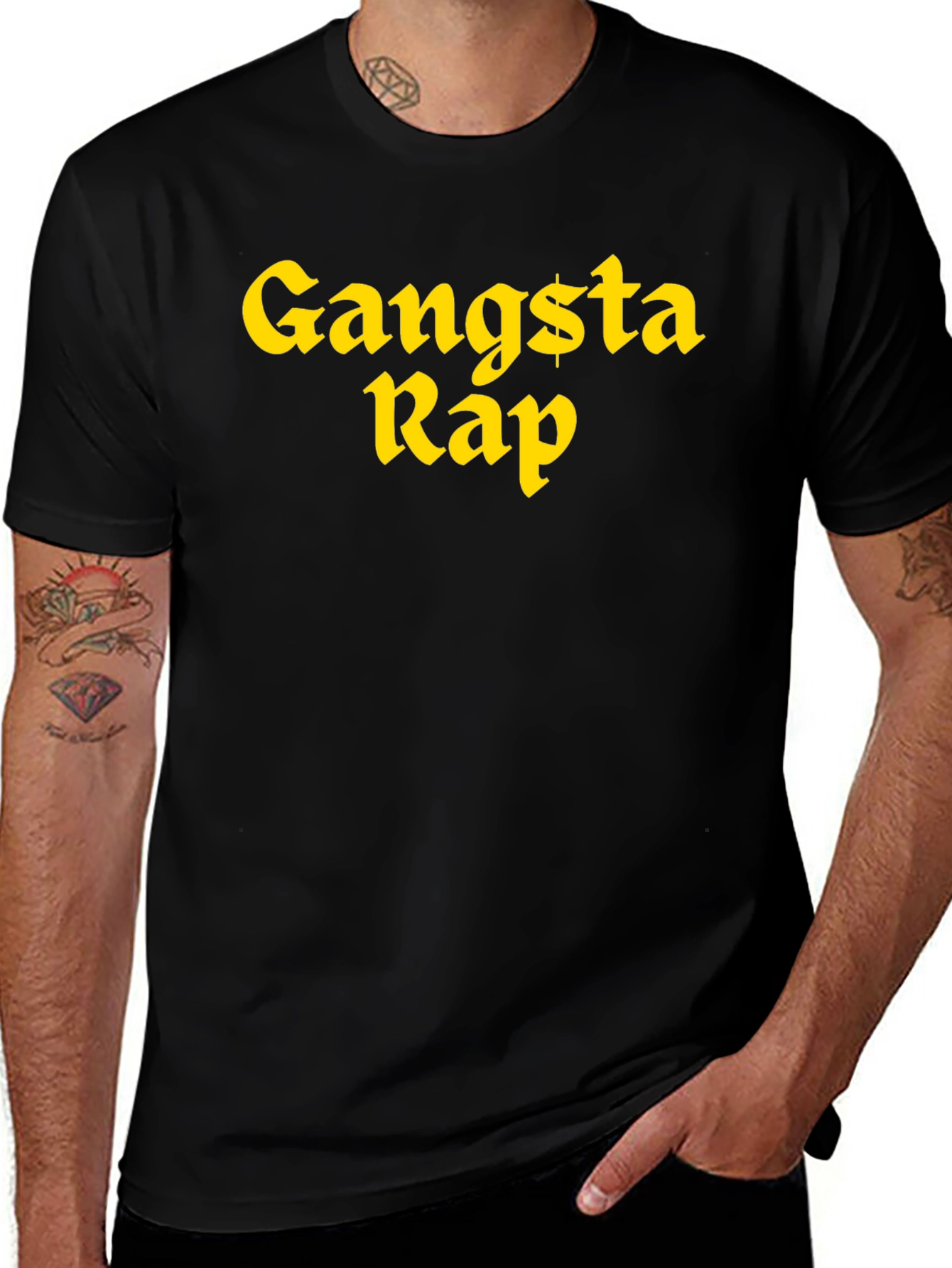 Gangsta Rap Graphic Tee - Bold Yellow Print on Black