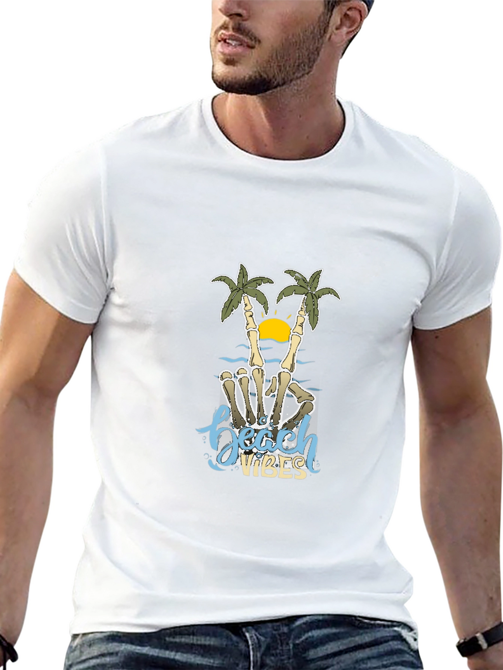 Beach Vibes Skeleton Hand Palm Tree T-Shirt