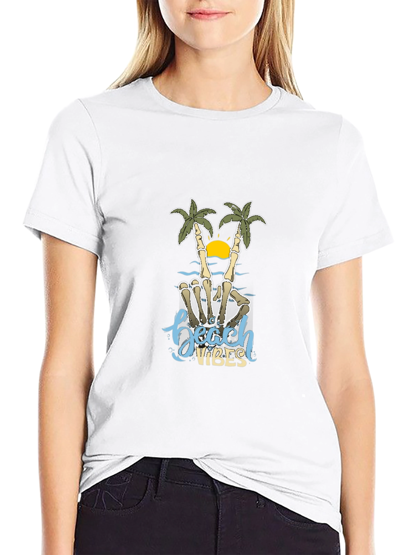 Beach Vibes Skeleton Hand Palm Tree T-Shirt
