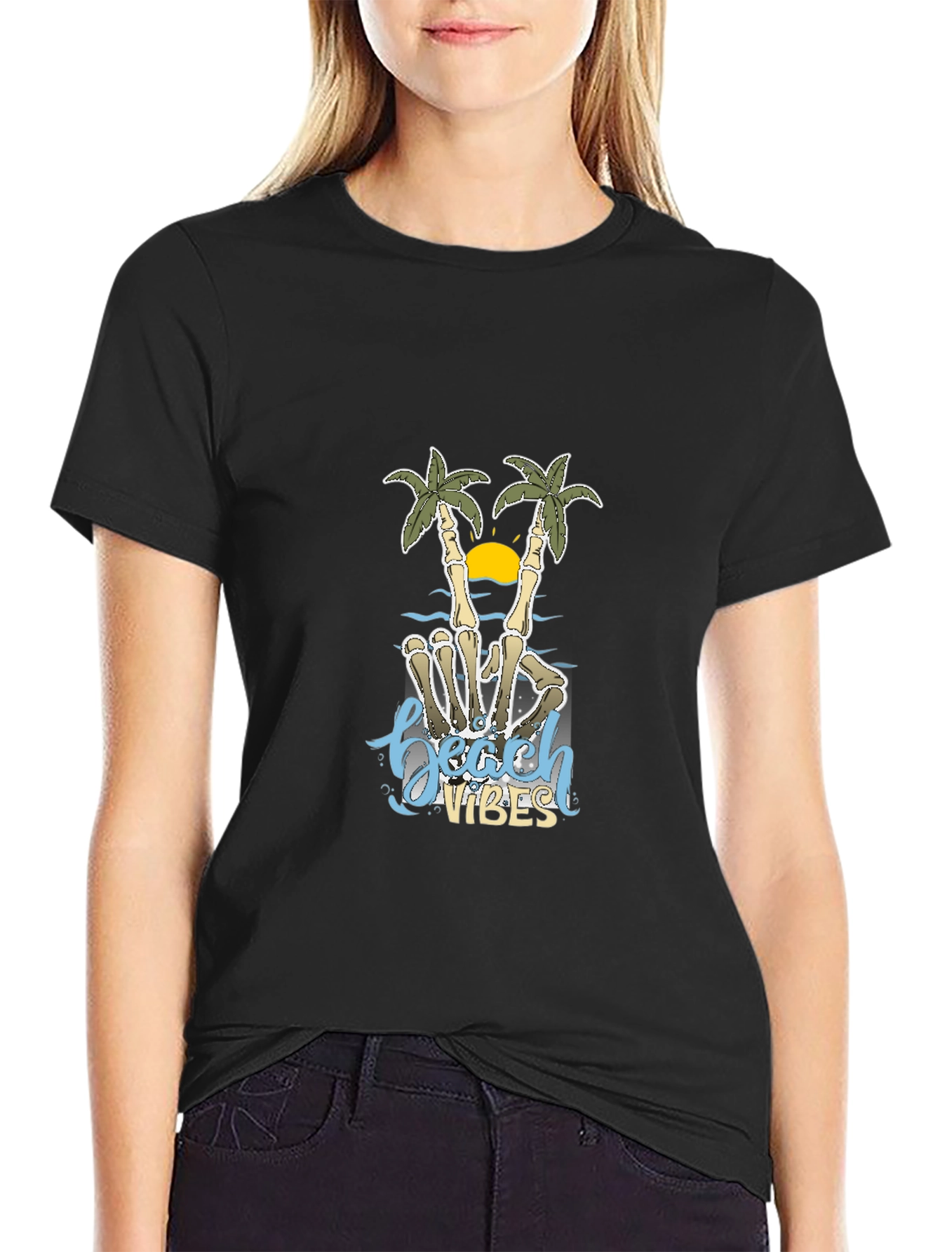 Beach Vibes Skeleton Hand Palm Tree T-Shirt