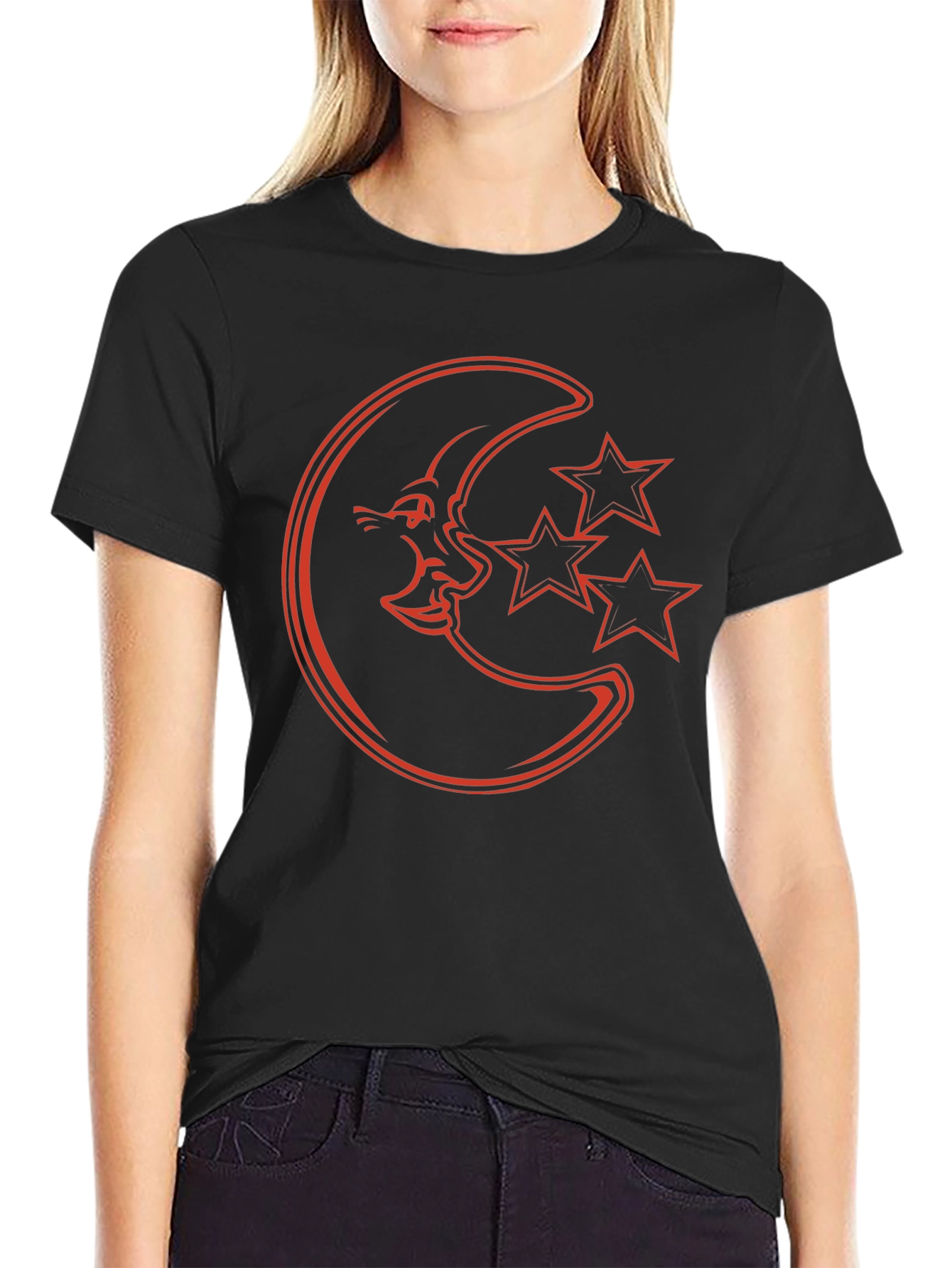 Black T-Shirt with Crescent Moon and Stars Graphic