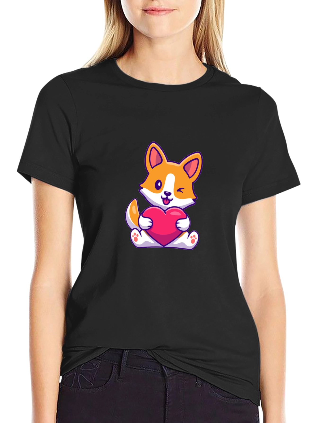 Cute Corgi Heart Graphic Black T-Shirt