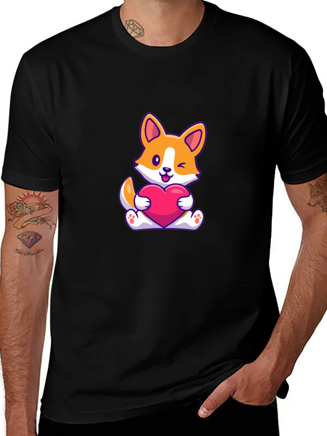 Cute Corgi Heart Graphic Black T-Shirt