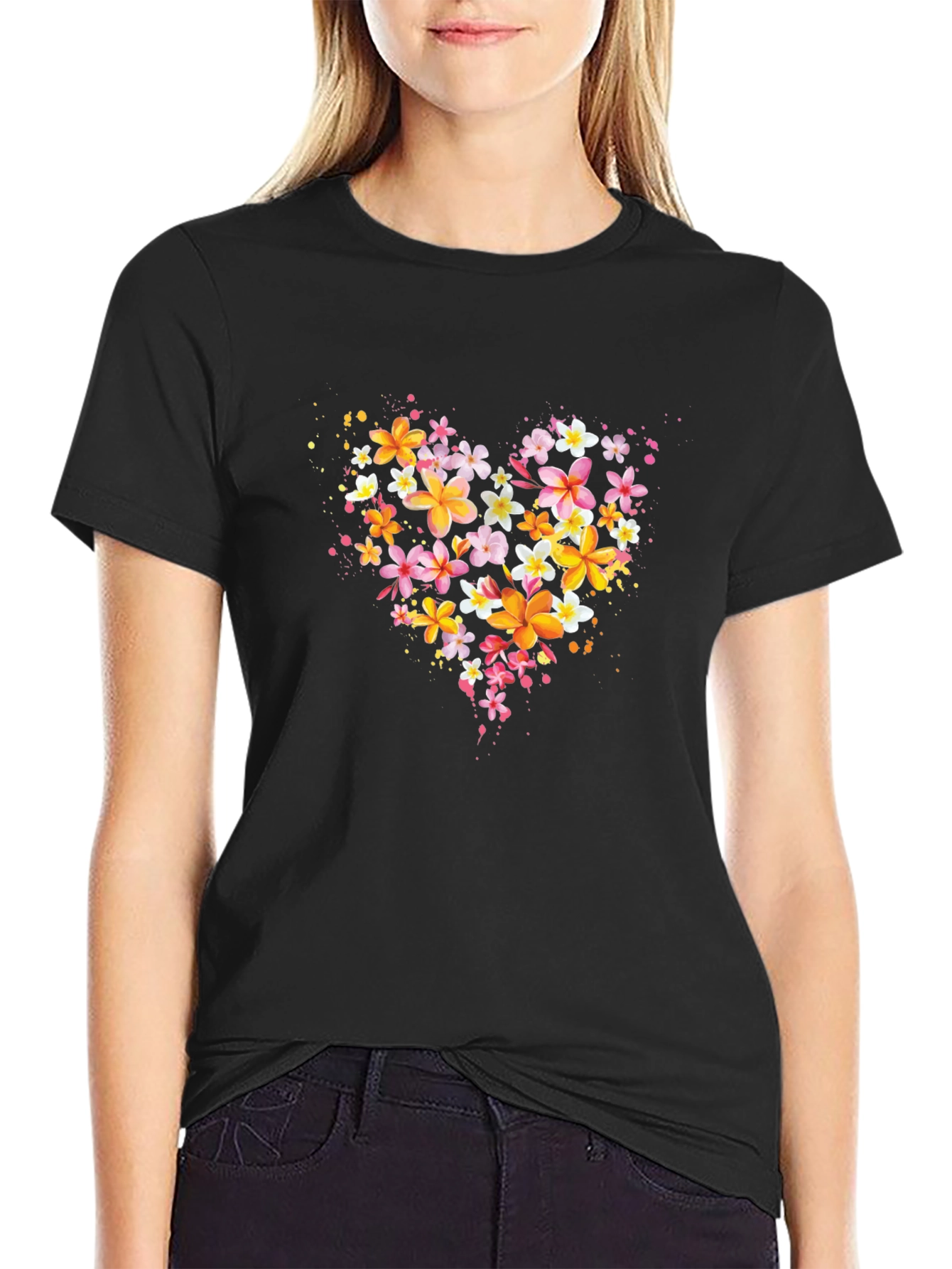 Floral Heart T-Shirt - Black Crew Neck