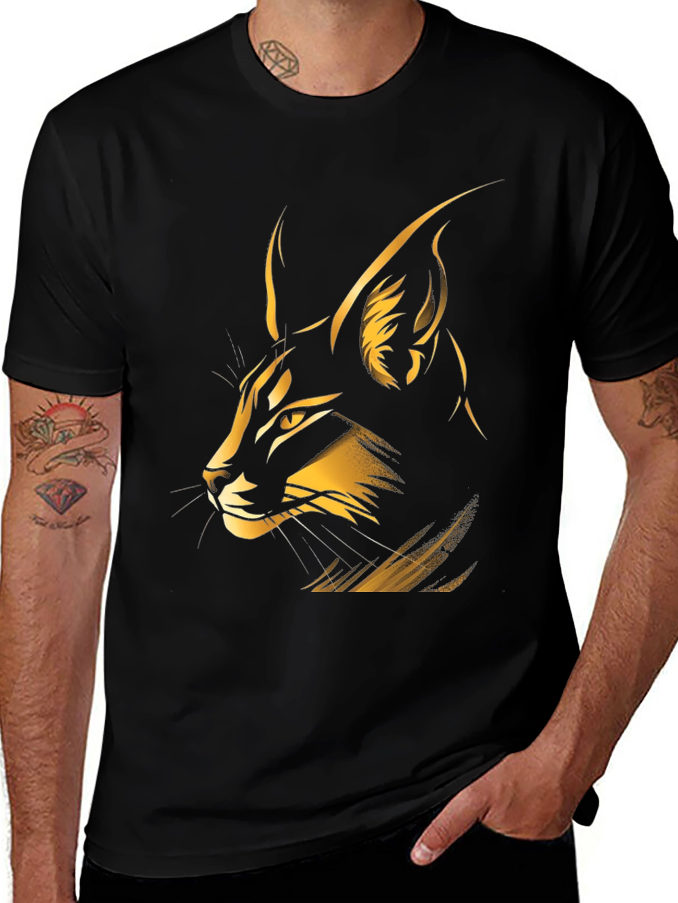 Caracal Cat Graphic Tee - Stylish Mens Black T-Shirt