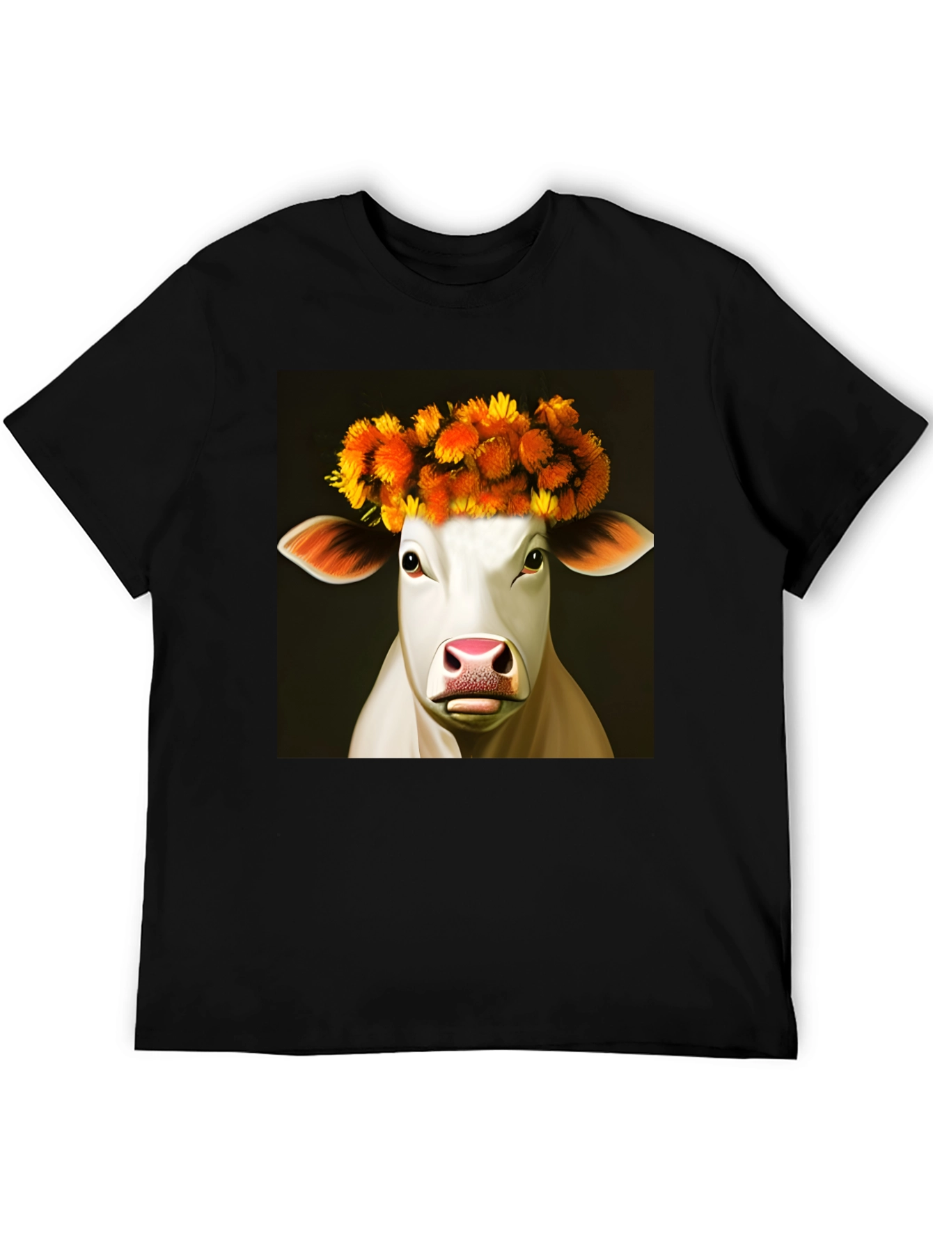 Cow with Flower Crown Graphic Tee - Black
