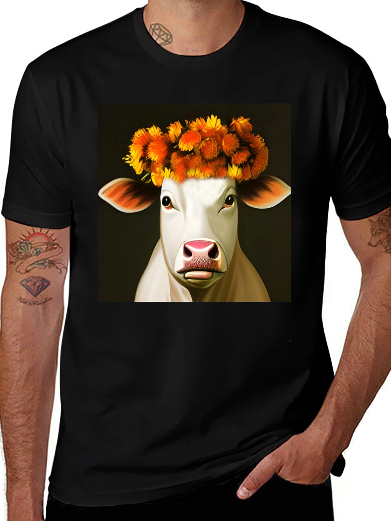 Cow with Flower Crown Graphic Tee - Black