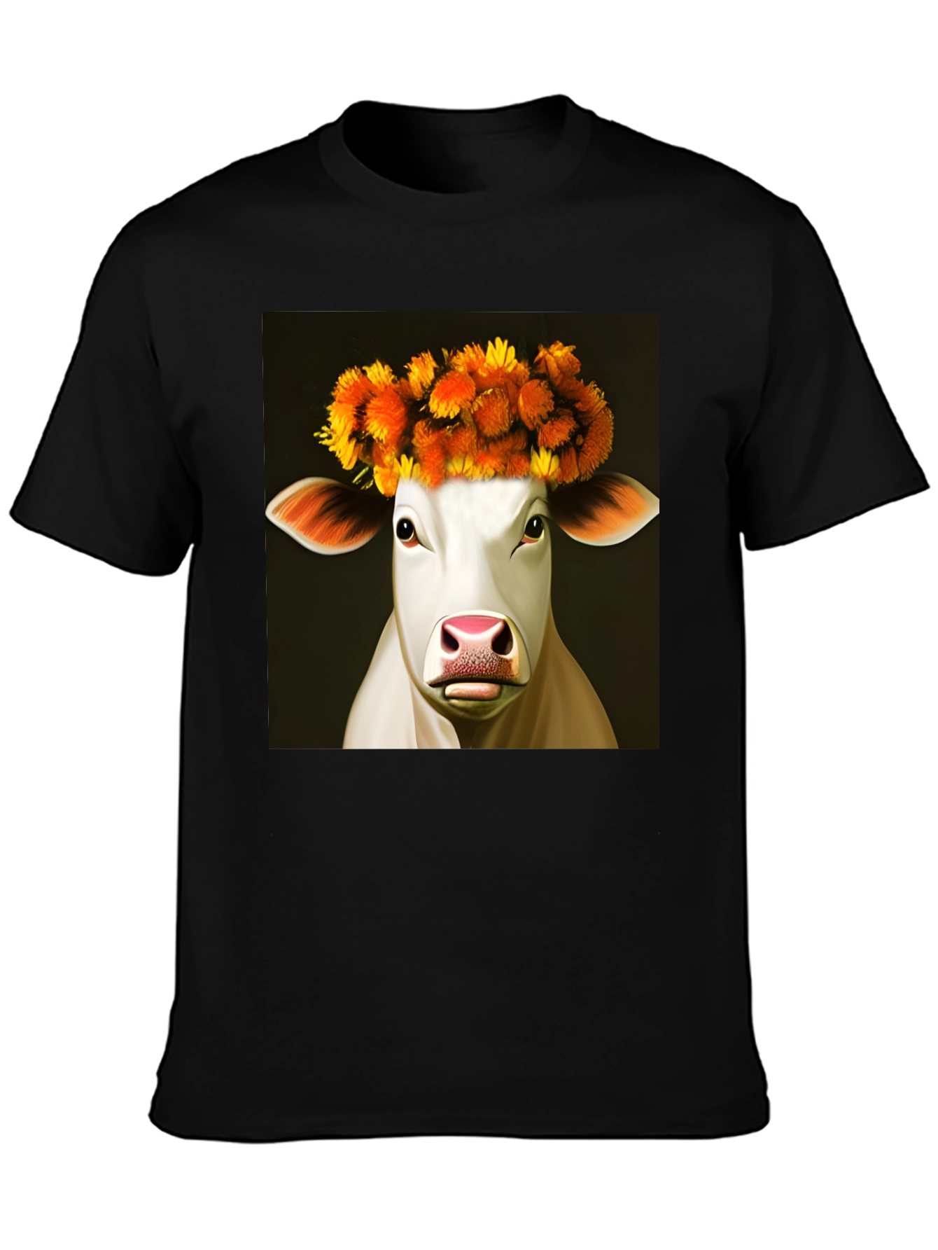 Cow with Flower Crown Graphic Tee - Black