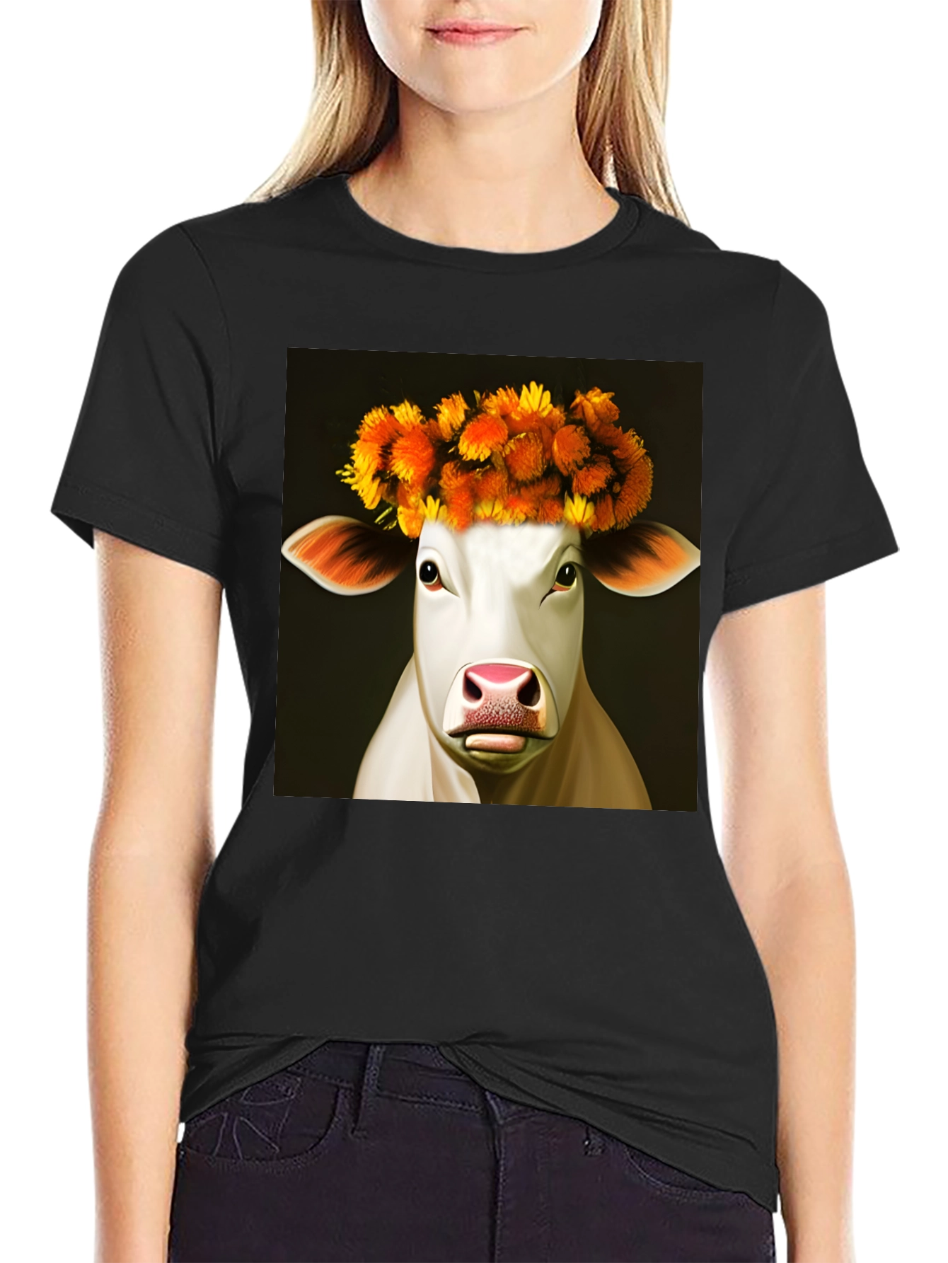 Cow with Flower Crown Graphic Tee - Black