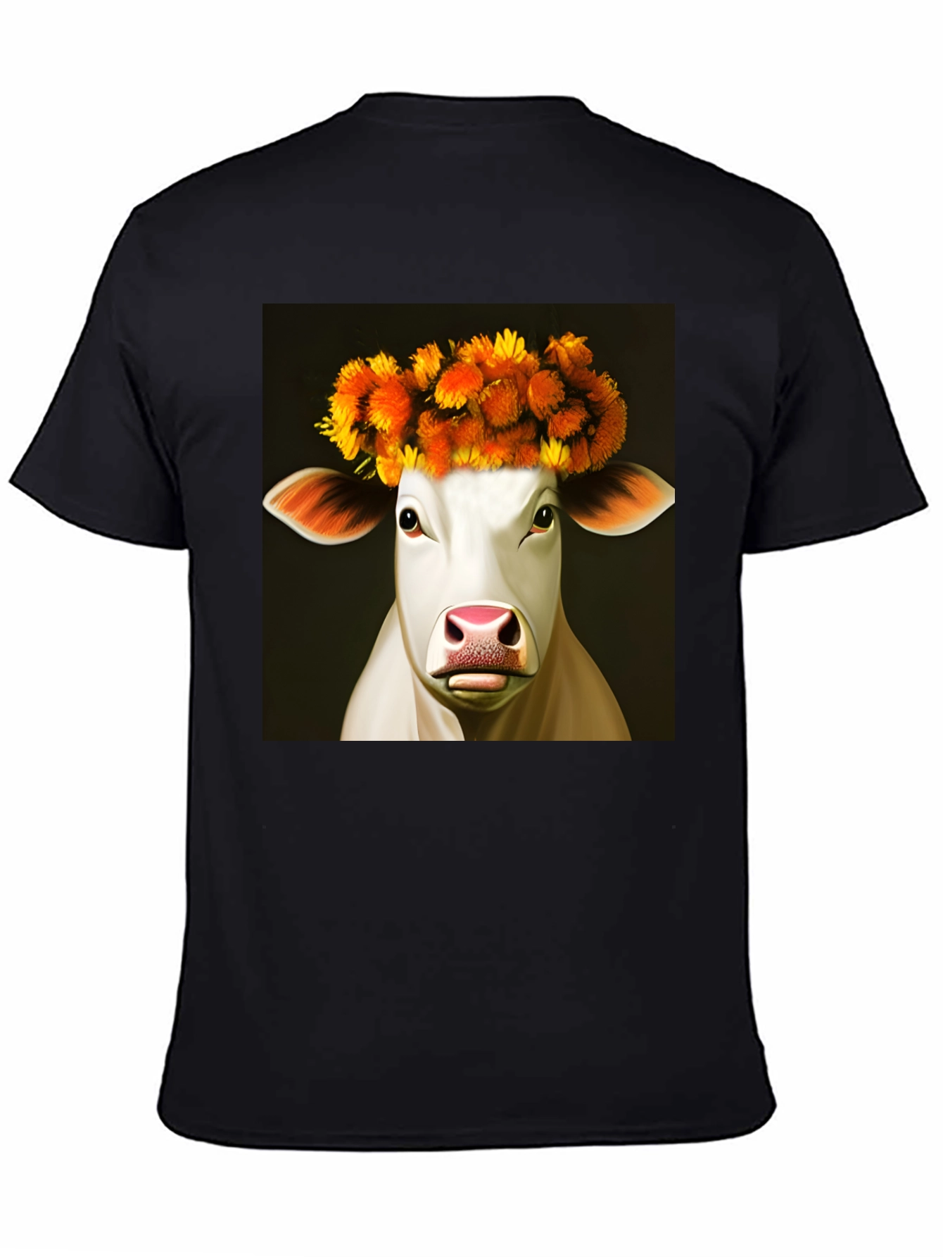 Cow with Flower Crown Graphic Tee - Black
