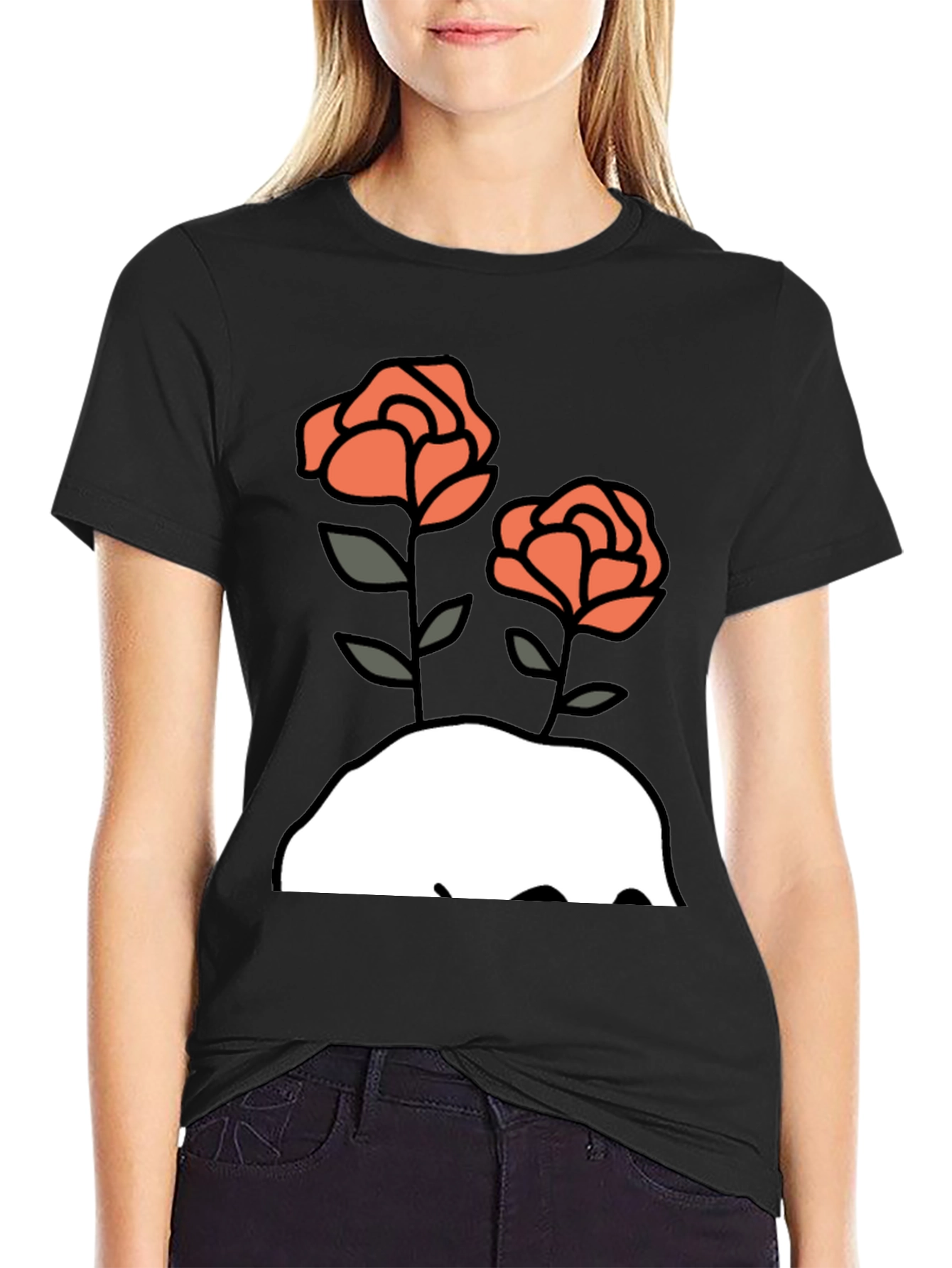 Floral Graphic Tee - Mens Black Cotton T-Shirt with Rose Design