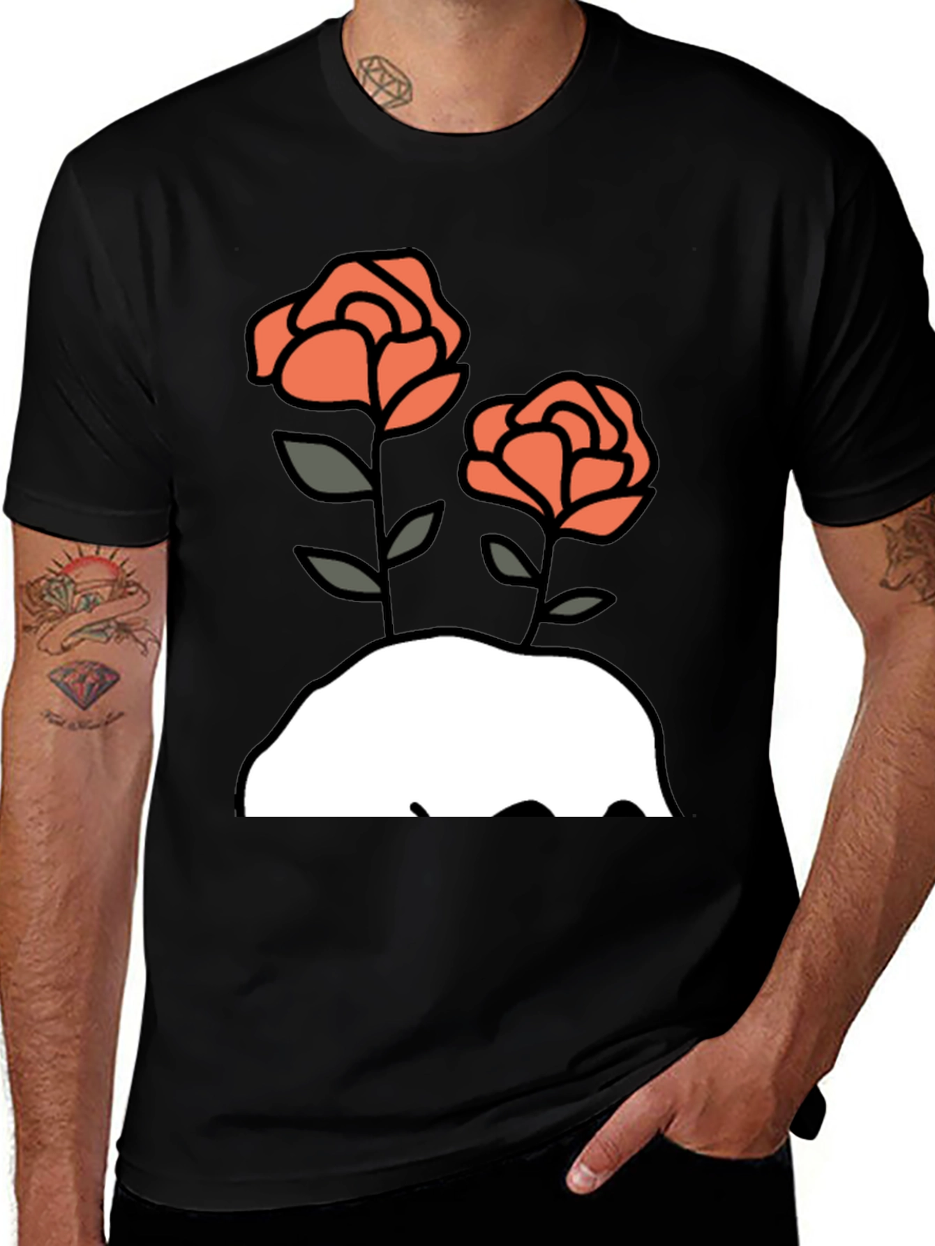 Floral Graphic Tee - Mens Black Cotton T-Shirt with Rose Design